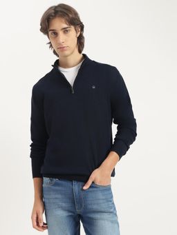 United Colors of Benetton - Navy Blue Regular Fit High Neck Solid Zipped Up Sweater