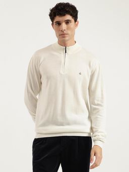 United Colors of Benetton - Off White Regular Fit High Neck Solid Zipped Up Sweater