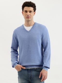 United Colors of Benetton - Blue Regular Fit V-Neck Solid Lambswool Pullover Sweater
