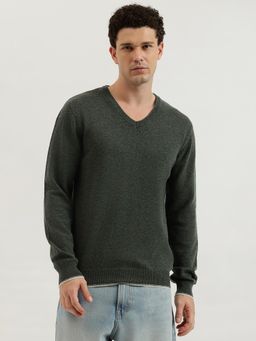 United Colors of Benetton - Olive Regular Fit V-Neck Solid Lambswool Pullover Sweater