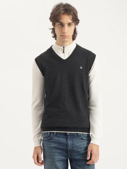 United Colors of Benetton - Black Regular Fit V-Neck Solid Lambswool Vest Sweater