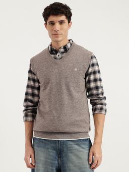 United Colors of Benetton - Beige Regular Fit V-Neck Solid Lambswool Vest Sweater