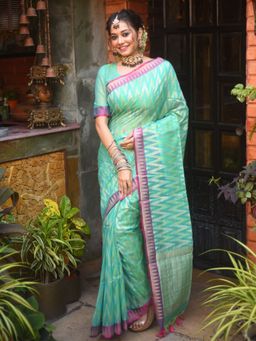 Odette - Green Silk Blend Woven Saree with Unstitched Blouse