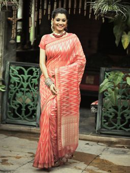 Odette - Coral Silk Blend Woven Saree with Unstitched Blouse