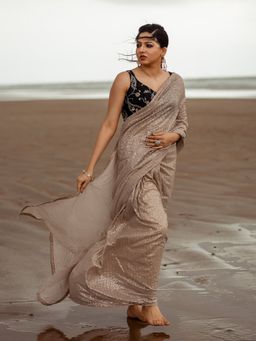 Odette - Brown Georgette Sequins Saree with Unstitched Blouse