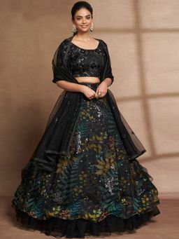 Odette - Black Net Print with Sequins Semi Stitched Lehenga Choli (Set of 3)