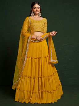 Odette - Mustard Faux Georgette Embroidered Semi Stitched Lehenga Choli (Set of 3)