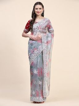 Odette - Grey Organza Embellished Saree with Unstitched Blouse