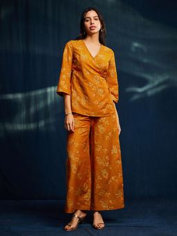 Pink Fort - Foil Print Silk Top with Palazzos Co-Ord- Yellow (Set of 2)