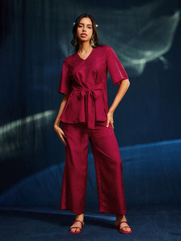 Pink Fort - Silk Blend Front Tie-up Tunic with Pants Co-Ord- Maroon (Set of 2)