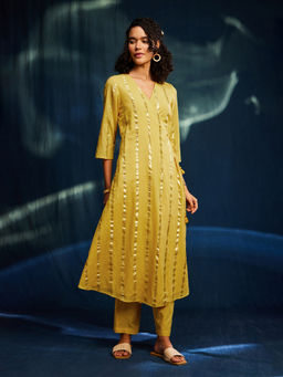 Pink Fort - Gold Striped Lurex Angarkha Kurta with Pants -Yellow (Set of 2)