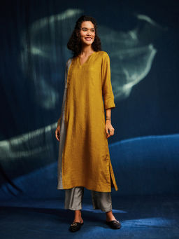 Pink Fort - Color Block Silk Blend Straight Kurta with Pants -Yellow and Grey (Set of 2)