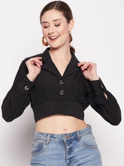 Madame - Black Solid Notched Lapel Crop Tops