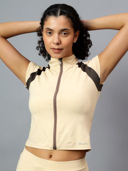 Fitkin - Womens Cream Front Open Front Zip T-Shirt
