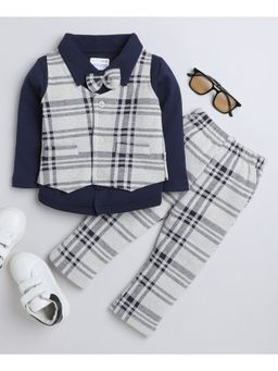 Bumzee - Beige & Navy Boys Full Sleeves Shirt Waistcoat & Pant With Bow (Set of 3)