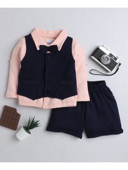 Bumzee - Navy & Peach Boys Full Sleeves Shirt Waistcoat & Short With Bow (Set of 3)