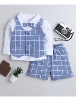Bumzee - Sky Blue Boys Full Sleeves Shirt Waistcoat & Short With Bow (Set of 3)