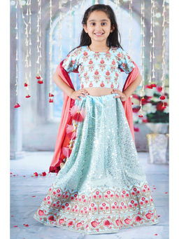 Little Bansi - Girl Blue Bageecha Floral Lehenga Choli with Dupatta (Set of 3)