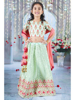 Little Bansi - Girl Green Bageecha Lehenga Choli with Dupatta (Set of 3)
