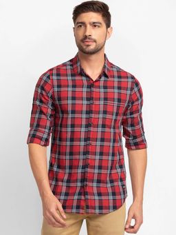 Spykar - Brick Red Cotton Full Sleeve Checks Shirt for Men