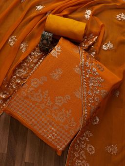 Koskii - Mustard Sequins Georgette Unstitched Salwar Suit (Set of Three)
