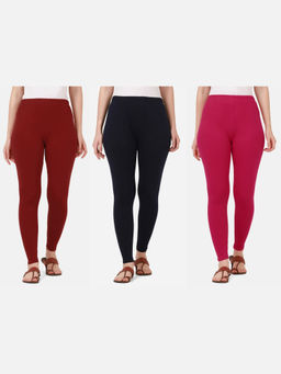 Buynewtrend - Women Cotton Multi-Color Solid Skinny Leggings (Pack of 3)