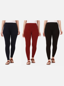 Buynewtrend - Women Cotton Multi-Color Solid Skinny Leggings (Pack of 3)