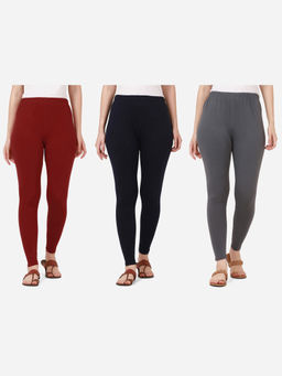 Buynewtrend - Women Cotton Multi-Color Solid Skinny Leggings (Pack of 3)