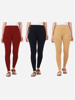 Buynewtrend - Women Cotton Multi-Color Solid Skinny Leggings (Pack of 3)