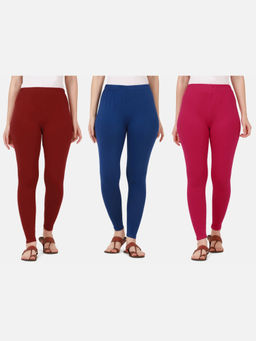 Buynewtrend - Women Cotton Multi-Color Solid Skinny Leggings (Pack of 3)