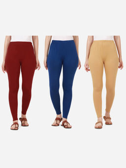 Buynewtrend - Women Cotton Multi-Color Solid Skinny Leggings (Pack of 3)