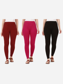 Buynewtrend - Women Cotton Multi-Color Solid Skinny Leggings (Pack of 3)