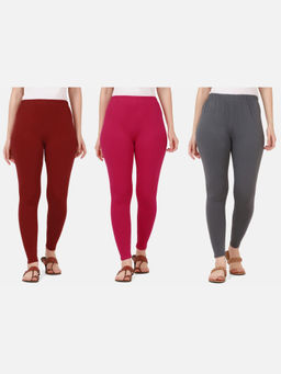 Buynewtrend - Women Cotton Multi-Color Solid Skinny Leggings (Pack of 3)