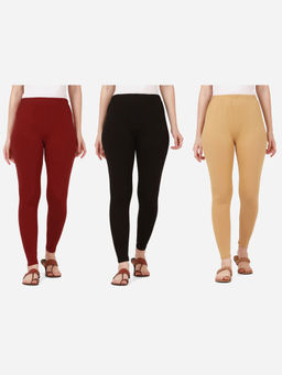 Buynewtrend - Women Cotton Multi-Color Solid Skinny Leggings (Pack of 3)