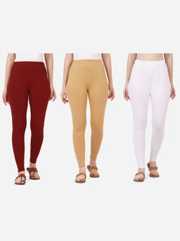 Buynewtrend - Women Cotton Multi-Color Solid Skinny Leggings (Pack of 3)