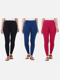 Buynewtrend - Women Cotton Multi-Color Solid Skinny Leggings (Pack of 3)