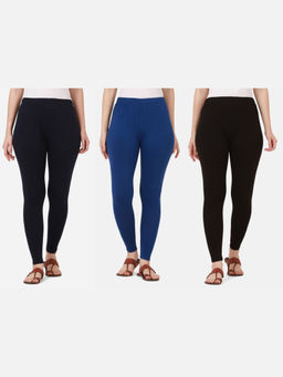 Buynewtrend - Women Cotton Multi-Color Solid Skinny Leggings (Pack of 3)