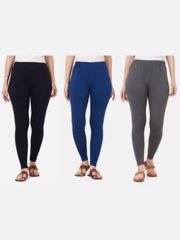 Buynewtrend - Women Cotton Multi-Color Solid Skinny Leggings (Pack of 3)