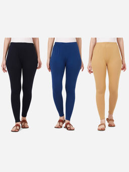 Buynewtrend - Women Cotton Multi-Color Solid Skinny Leggings (Pack of 3)