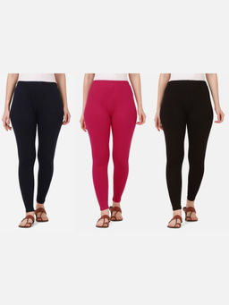 Buynewtrend - Women Cotton Multi-Color Solid Skinny Leggings (Pack of 3)