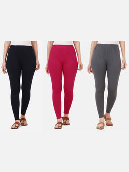 Buynewtrend - Women Cotton Multi-Color Solid Skinny Leggings (Pack of 3)