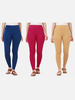Buynewtrend - Women Cotton Multi-Color Solid Skinny Leggings (Pack of 3)