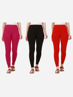 Buynewtrend - Women Cotton Multi-Color Solid Skinny Leggings (Pack of 3)