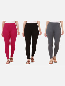 Buynewtrend - Women Cotton Multi-Color Solid Skinny Leggings (Pack of 3)