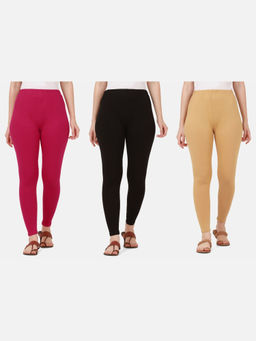 Buynewtrend - Women Cotton Multi-Color Solid Skinny Leggings (Pack of 3)