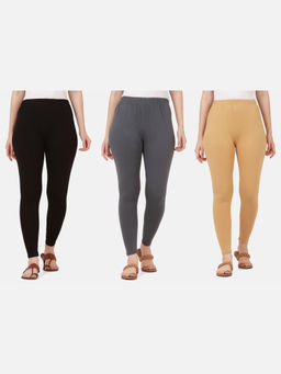Buynewtrend - Women Cotton Multi-Color Solid Skinny Leggings (Pack of 3)