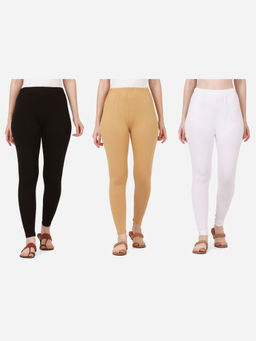 Buynewtrend - Women Cotton Multi-Color Solid Skinny Leggings (Pack of 3)