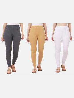 Buynewtrend - Women Cotton Multi-Color Solid Skinny Leggings (Pack of 3)