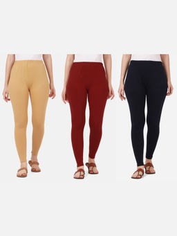 Buynewtrend - Women Cotton Multi-Color Solid Skinny Leggings (Pack of 3)