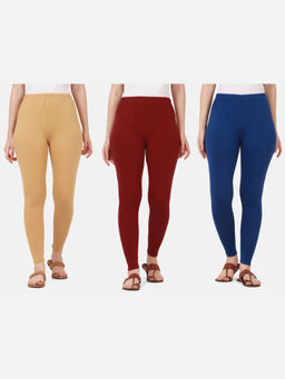 Buynewtrend - Women Cotton Multi-Color Solid Skinny Leggings (Pack of 3)